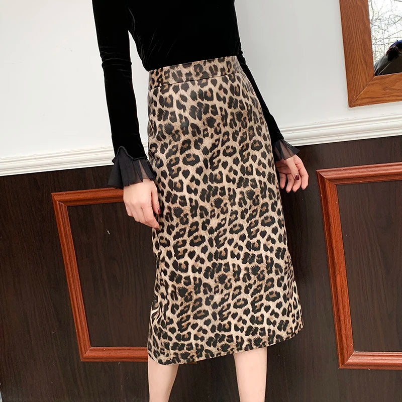 2025 Winter Women Leopard Print Genuine Leather Long skirt Female Over Knee Wrap Jupe Mujer Back Split Wild Sexy  Faldas Sreet