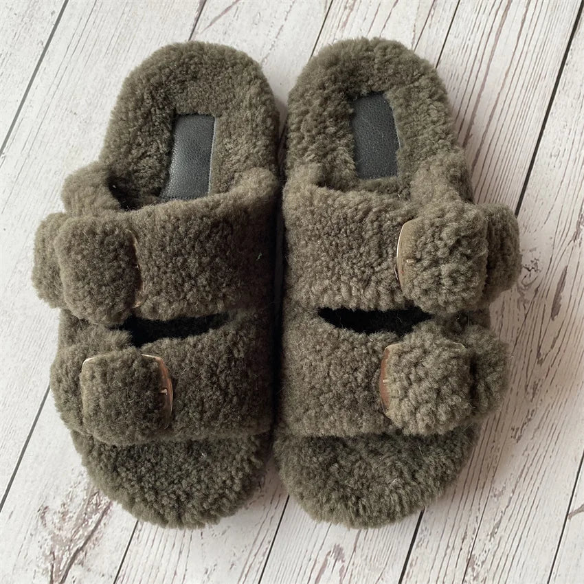 New Woman Real Wool Slipper Plush Warm Flats Slippers Plaform Shoes Flip Flops Women's Sandals Summer 2025 Designer Shoes