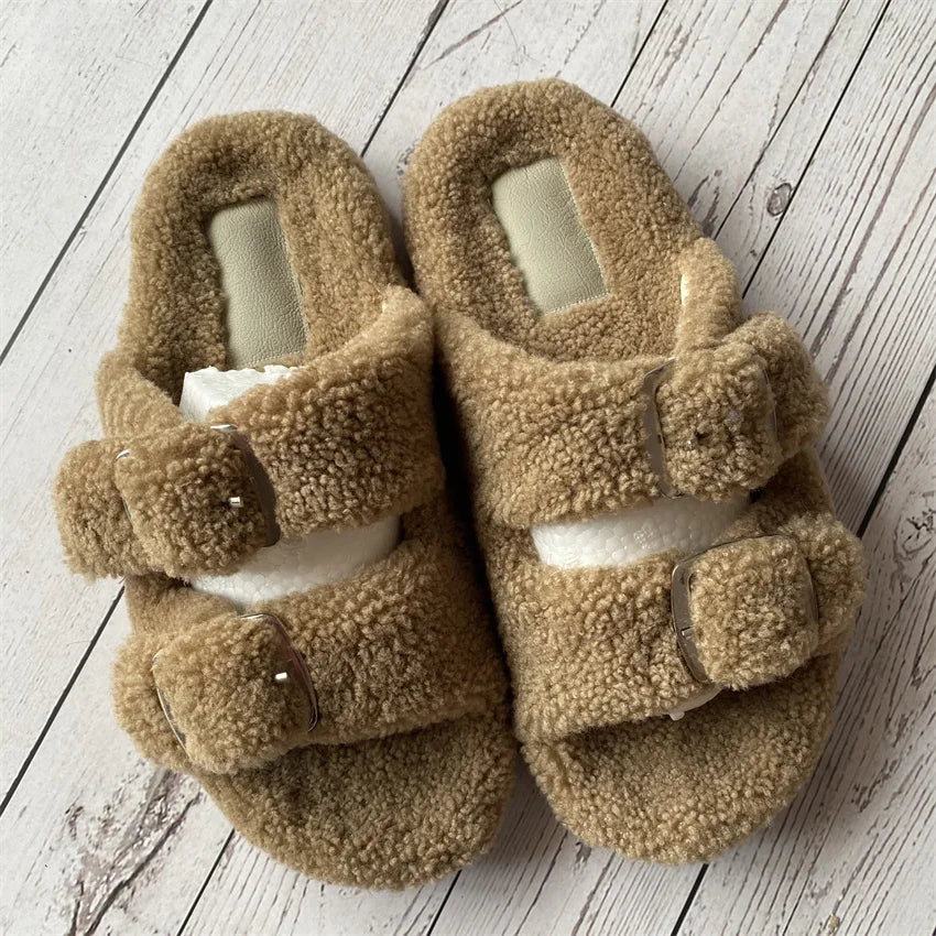 New Woman Real Wool Slipper Plush Warm Flats Slippers Plaform Shoes Flip Flops Women's Sandals Summer 2025 Designer Shoes