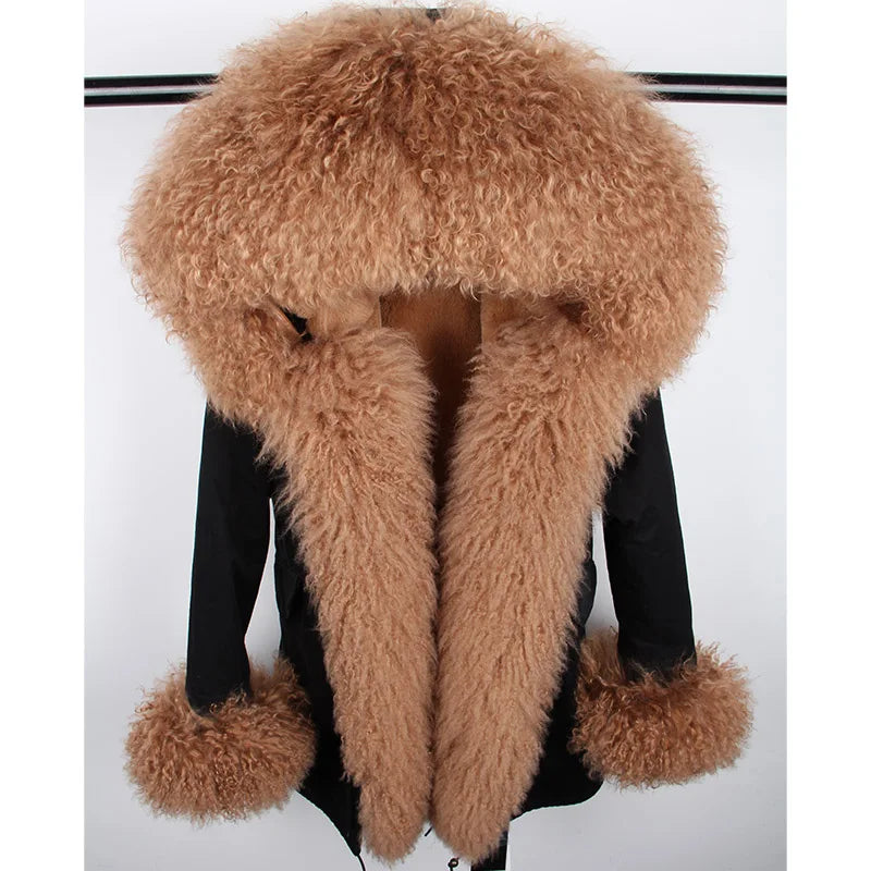 Maomaokong Winter Women Luxur Beige Fur Coat Natural Real Fox Fur Waterproof Jacket Hooded Thick Warm Fashion Long Black Parkas