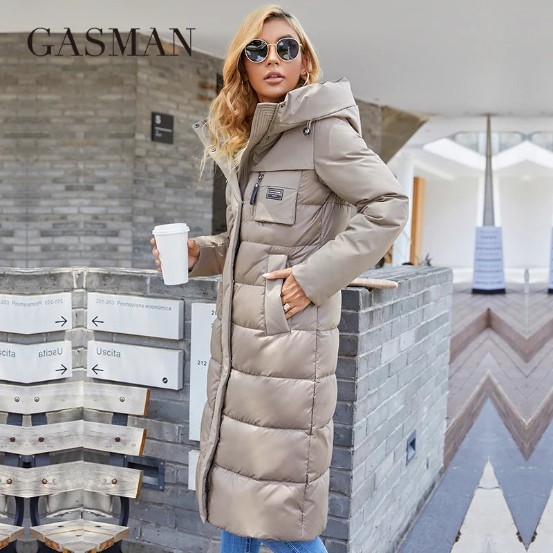 GASMAN 2022 Women's jacket long Fashion Grace women winter down jackets Zipper pocket with belt parka high quality outwear 8189