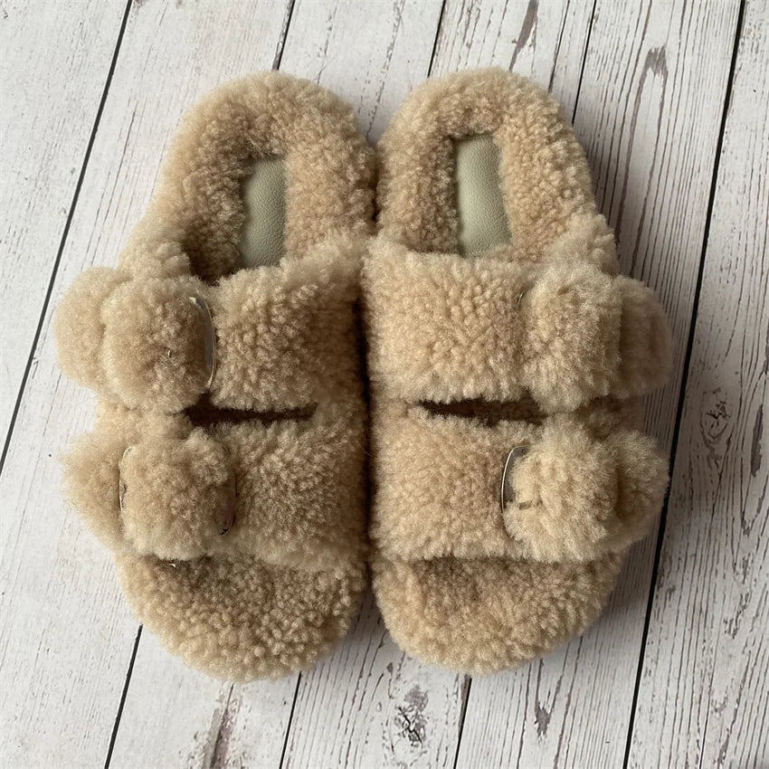 New Woman Real Wool Slipper Plush Warm Flats Slippers Plaform Shoes Flip Flops Women's Sandals Summer 2025 Designer Shoes