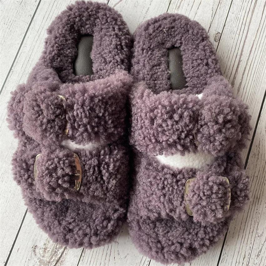 New Woman Real Wool Slipper Plush Warm Flats Slippers Plaform Shoes Flip Flops Women's Sandals Summer 2025 Designer Shoes