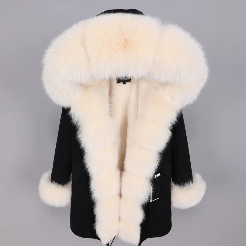 MaoMaoKong Natural Real Fox Fur Jacket Hooded Black Waterproof Woman Winter Warm Coat Parkas Luxury Jacket Female Clothing