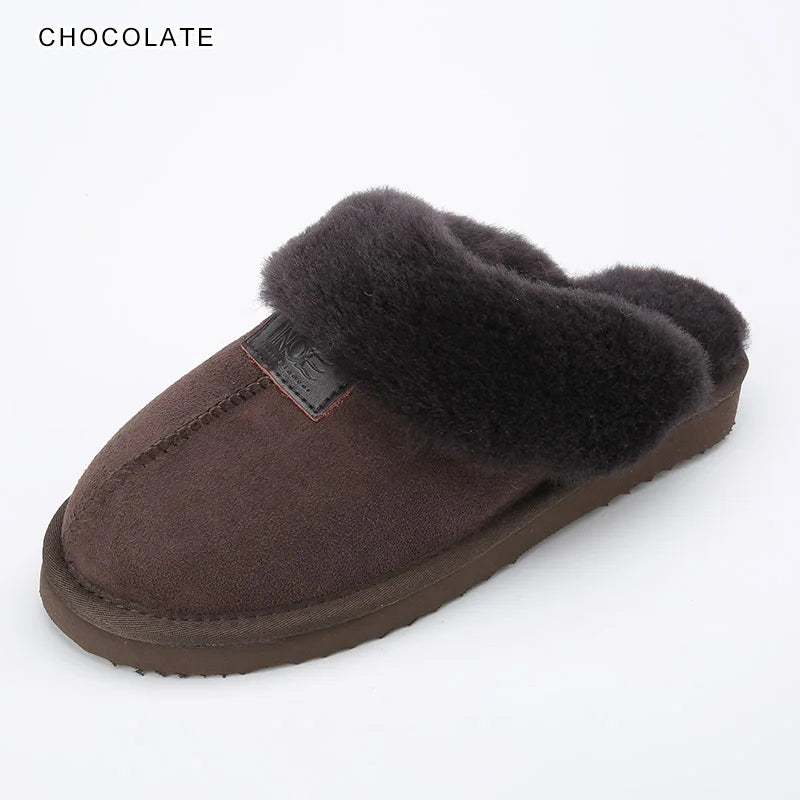 INOE Women Real Sheepskin Suede Leather Natural Wool Sheep Fur Lined Winter Slippers Cazy Loafer Home Shoes Baboon in House Flat