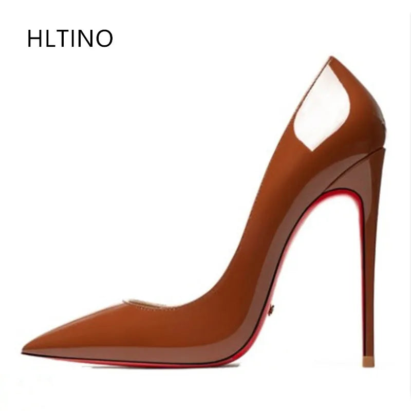 HLTINO 12CM Brown Patent Leather Pumps Women Red Bottom Heels Elegant High Heeled Stilettos Evening Shoe for Party