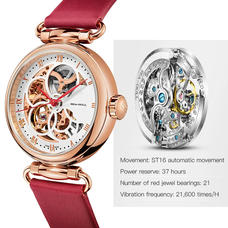 Seagull Fashion Women's Watch Leather Strap Waterproof Skeleton Automatic Mechanical For Ladies Watch Necklace Set 6002L Series