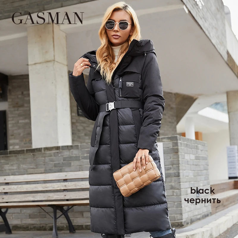 GASMAN 2022 Women's jacket long Fashion Grace women winter down jackets Zipper pocket with belt parka high quality outwear 8189