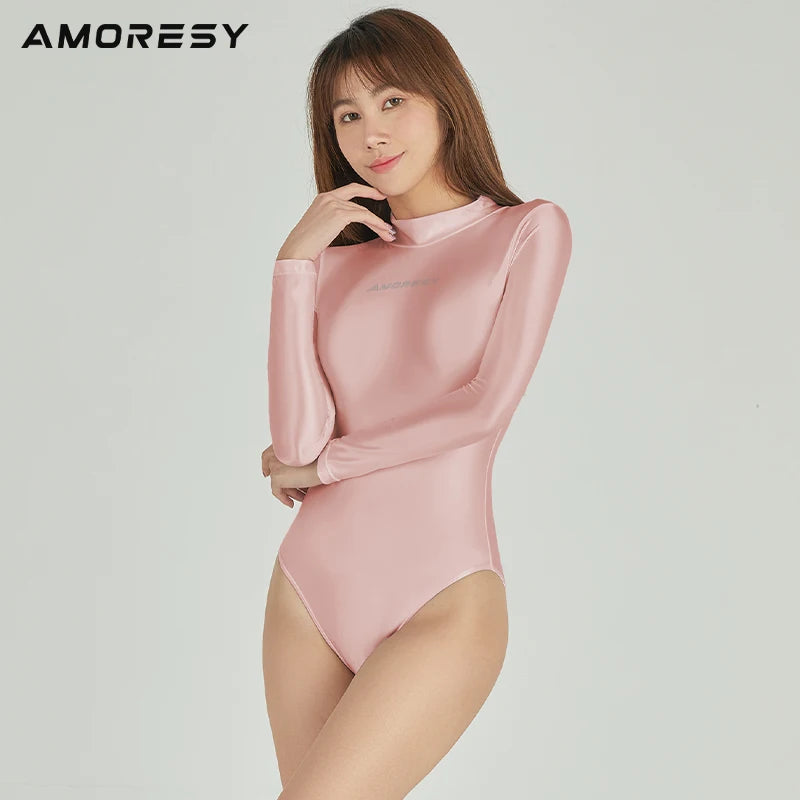 AMORESY Silky Sheen One-piece Bodice Crotch Long-sleeved Woman Solid Color Bottom Zipper Dead Body Swimsuit