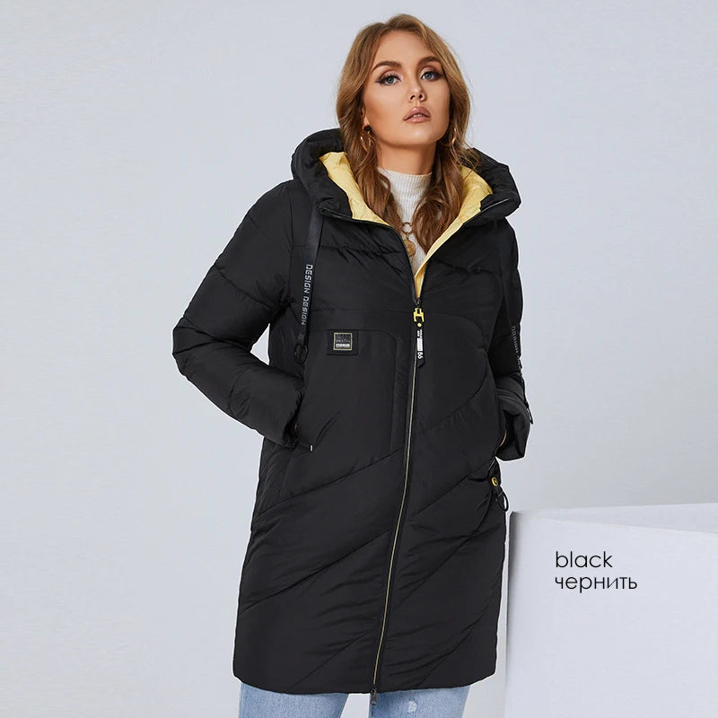 HaiLuoZi 2022 Winter Women's Jackets Thick Cotton Big Pockets Hood Zipper Quilted Parka Oversize Female Casual Women Coat 6896