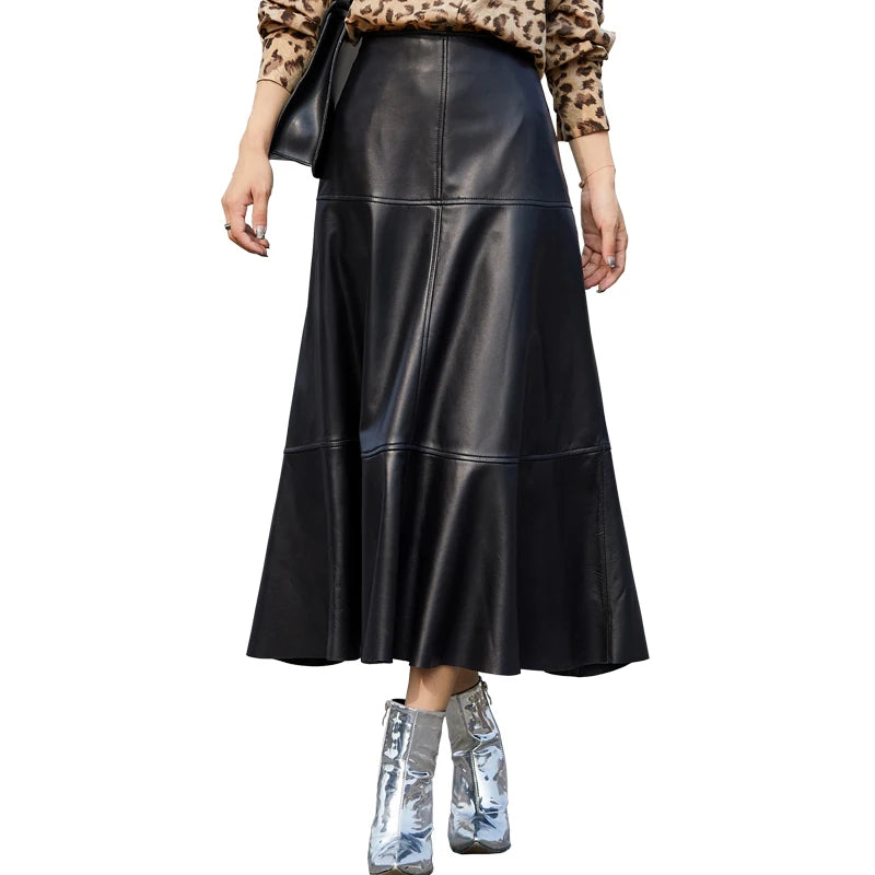 Women Genuine Leather 80 CM Long Skirt Female French Elegant Stitching Super Long Flared Saia Longa Mujer Yellow Umbrella Jupe