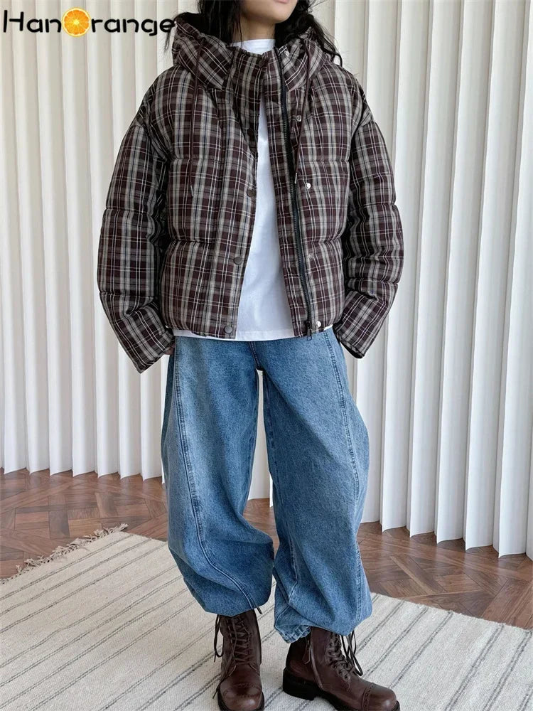 HanOrange 2024 Winter Fashion Retro plaid Hooded Cotton Jacket women Comfortable Warm Loose Women Coat