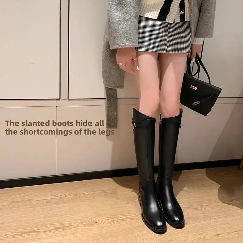 Slimming Effect Knight Boots Women's Flat Bottom Angle Cut Long Boots Lock Buckle Korean Style Versatile High Boots Leg Shaping