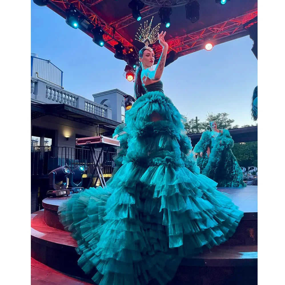 Handmade A-line Long Ruffles Trimmed Tulle Skirt Women Maxi Skirt Dramatic Dance Show Performance Skirt