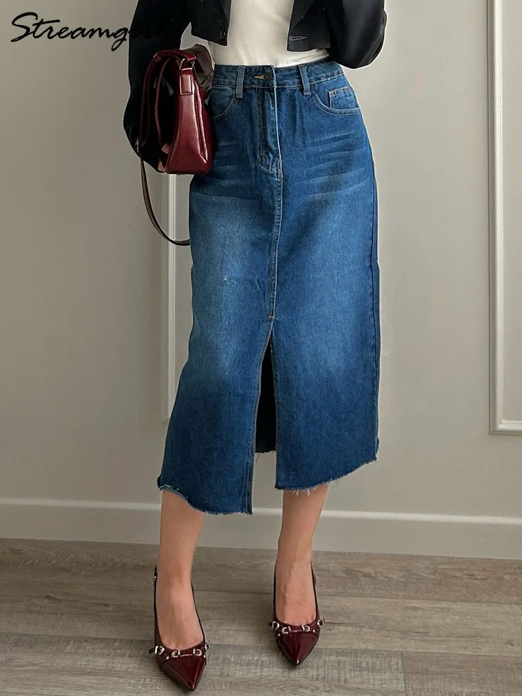 Long Slit Denim Skirts For Women High Waist A Line Maxi Denim Skirt With Slit Summer Midi Blue Jeans Skirts For Woman Long 2025