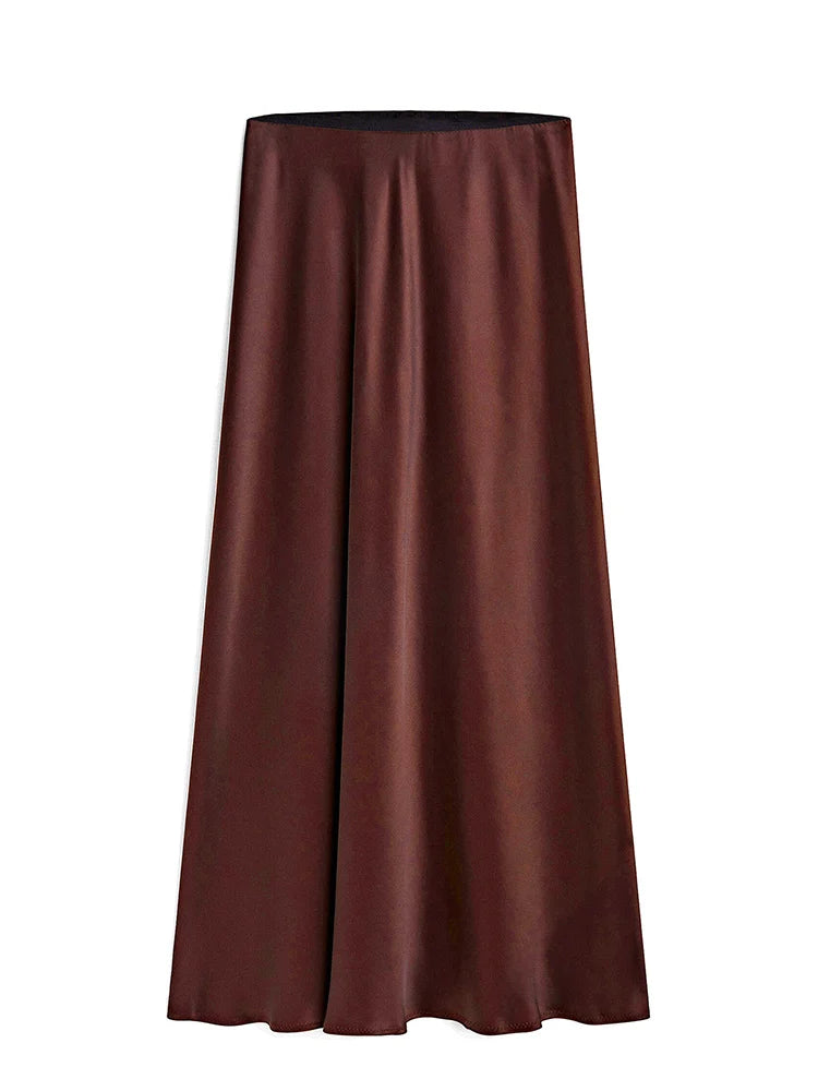 MiuKoMiYa Black Women Long Skirts High Waist Slit Satin Maxi Skirt 2025 Summer Elastic Waist Beige Skirt For Women Long Silk