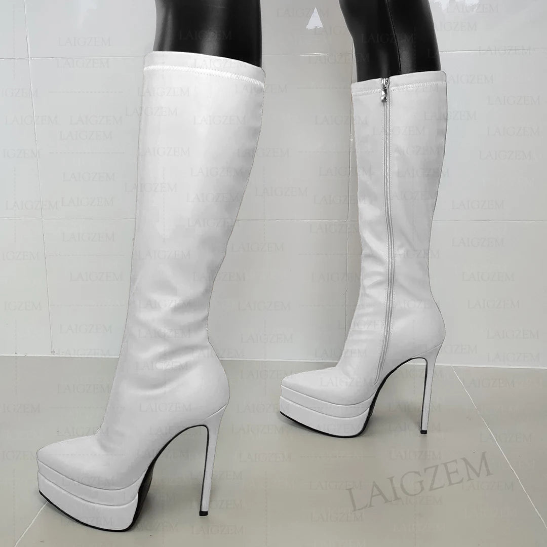 LAIGZEM Women Knee High Boots Pointed Toe Platform 14.5CM Zip Up Stiletto High Heels Boots Ladies Shoes Woman Big Size 34 40 43