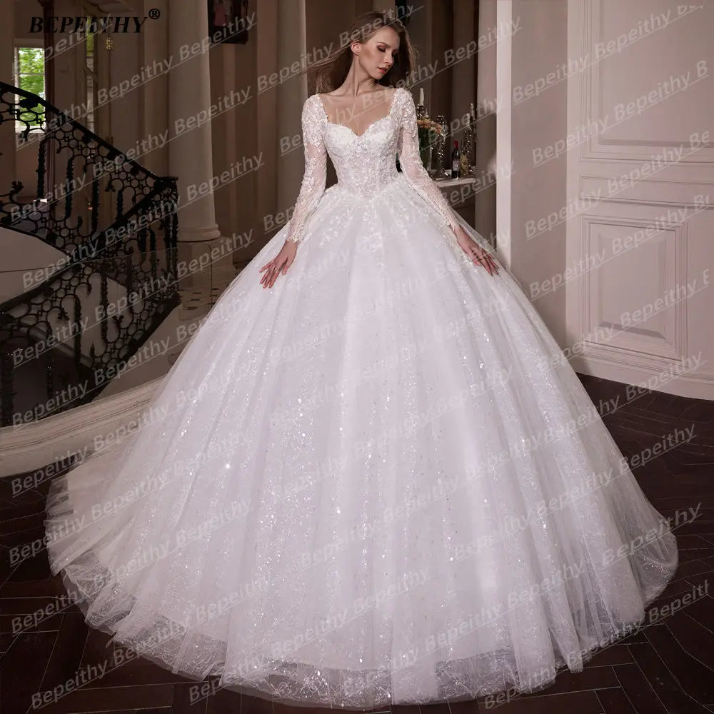 BEPEITHY Customized Princess Glitter Ivory Wedding Dresses Women Full Sleeves Lace Ball Bridal Gown Court Train 2025 Sweetheart