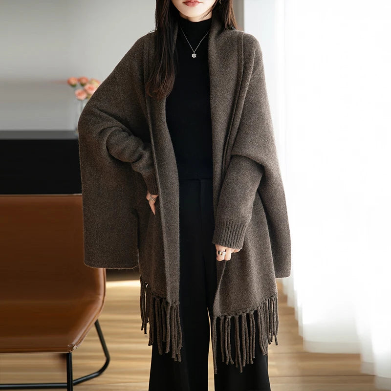 2025 Autumn Winter New 100% Pure Wool Shawl Cardigan, Women's Tassel Jacket, Loose Cape, Versatile, Stylish Highend Korean Style