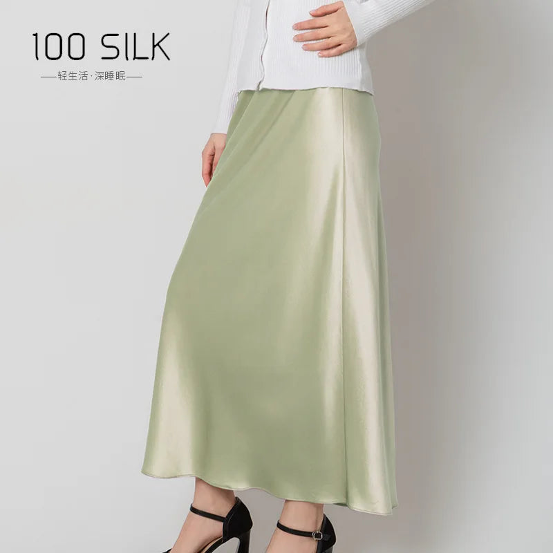 BirdTree, 22MM 100%Real Silk Elegant Skirt, Women Elastic Waist Satin, High Quality Fashion Skirt, 2024 Summer Fall B47024QM
