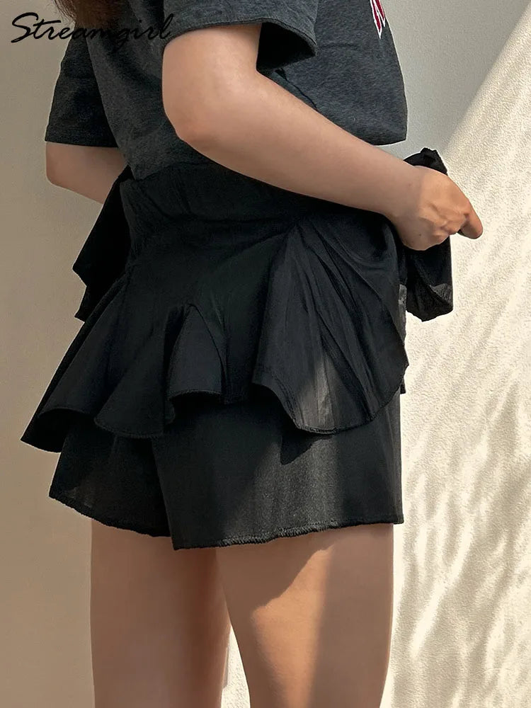 White Mini Ruffled Skirt Women Summer Elastic Waist Irregular Chiffon Skirts With Shorts Black Women's Pleated Skirt Mini 2025