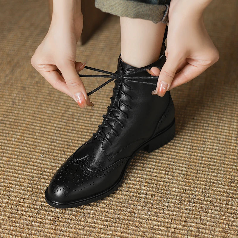 2025 Genuine Leather Boots Women Shoes Thick Sole Lace Up Autumn Winter Short Ankle Boots for Women High Heel Motorcycle Shoes