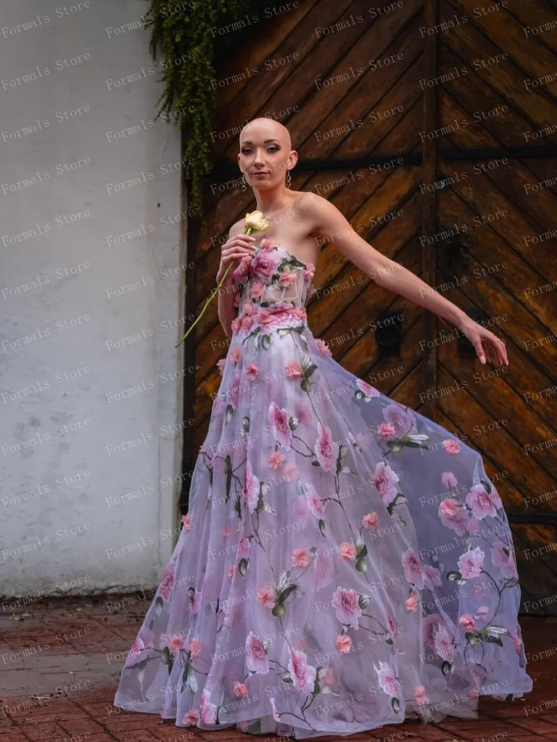 Ethereal Floral Print Gown With Pink Roses On Sheer Fabric Flowing Dress Strapless Design Highlighting Femininity And Grace