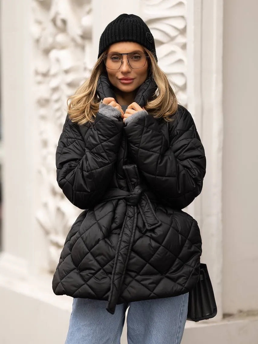 Lace Up Cotton Coat Lady Fashion Casual Stand Collar V-neck Full Sleeve Loose Outerwears Women Winter Daily Commute Street Coats