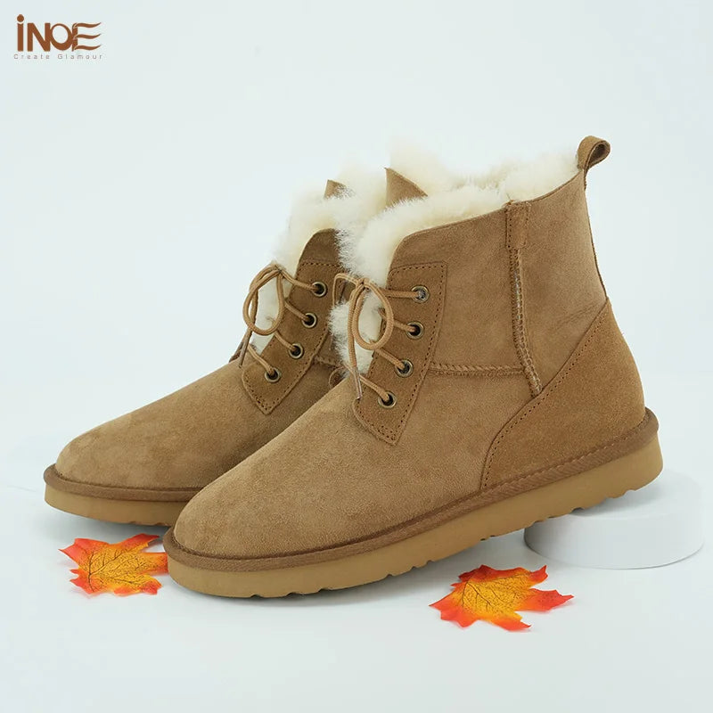 INOE Women Fashion Casual Short Winter Snow Boots Sheepskin Suede Leather Shearling Sheep Fur Wool Lining Warm Shoes Waterproof