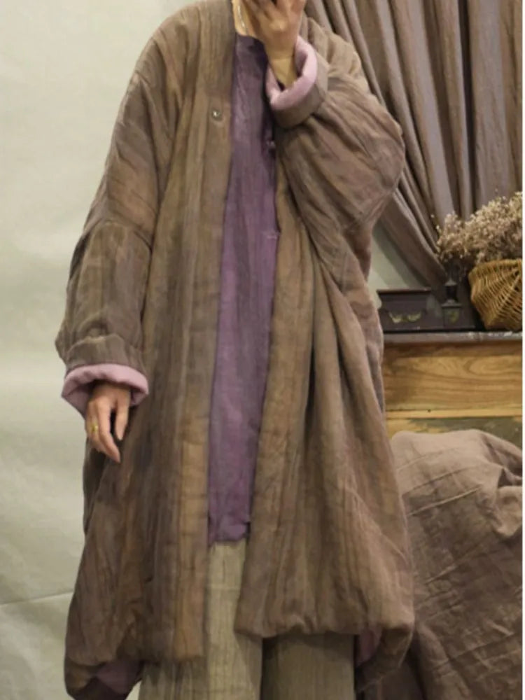 Women Loose Linen Padded Long Coat Parkas Ladies Vintage Flax Coat Female 2023 Winter Coat Tops