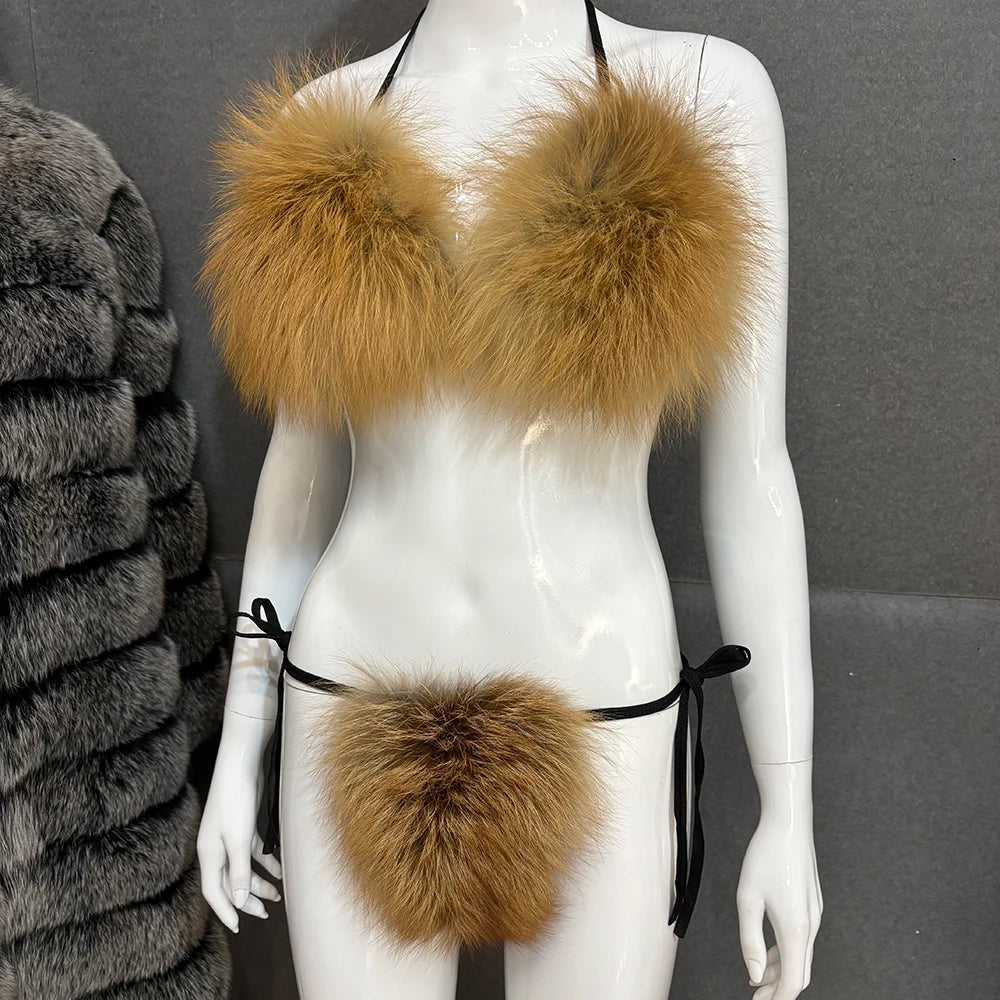 YOLOAgain Women Solid Natural Fox Fur Sexy Bikini Set Bra Detachable