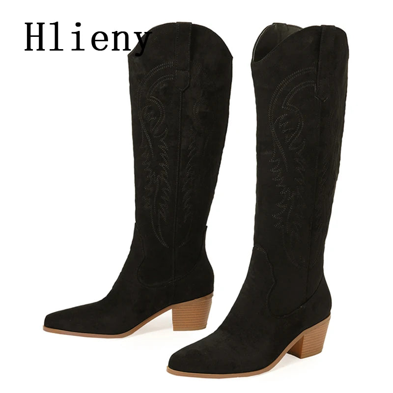 Hlieny 2025 New Retro Spring Winter Knee High Boots Women Comfy Walking Fashion Pointed Toe Female Western Cowboy Boot High Heel