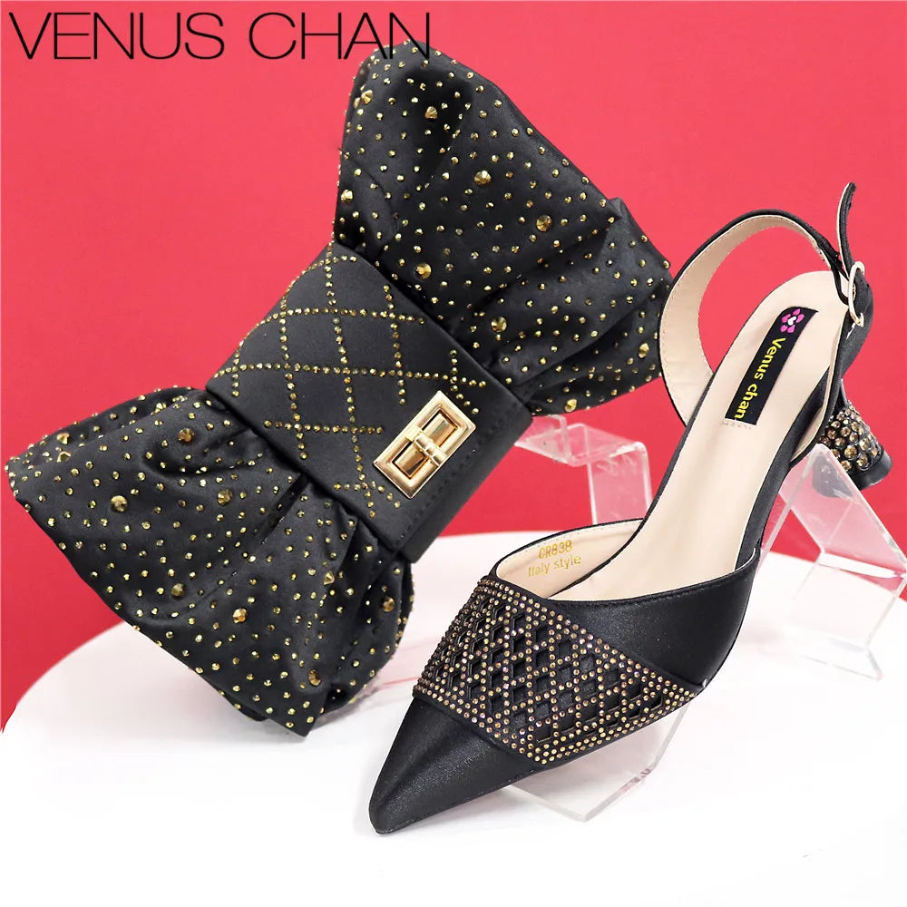 High Quality 2025 Italian Design Embossed Varnish Style Big Diamond Decoration Classic Noble Women Shoes and Bag Set