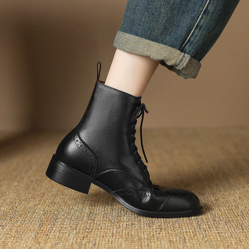 2025 Genuine Leather Boots Women Shoes Thick Sole Lace Up Autumn Winter Short Ankle Boots for Women High Heel Motorcycle Shoes