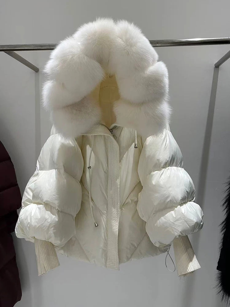 Winter Natural Large Fur Collar Hooded Down Jacket Women White Duck Down Solid Outwear Female Warm Quilted Lantern Sleeve Jacket