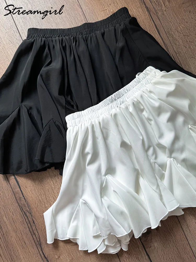 White Mini Ruffled Skirt Women Summer Elastic Waist Irregular Chiffon Skirts With Shorts Black Women's Pleated Skirt Mini 2025