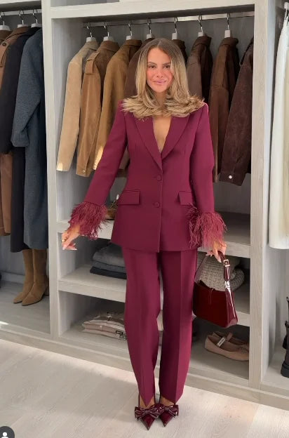 Lady Solid Lapel Blazer Suit Full Sleeve V-neck Single Breasted Straight Leg Pants Suits 2025 Fashion New Office Commute Outfit
