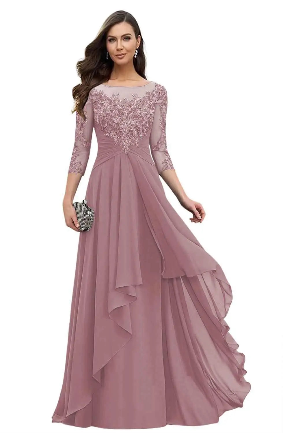 Women's Elegant Lace Mother of The Bride Dresses Scoop Neck Chiffon Ruffles Formal Evening Gowns A-Line Wedding Guest Gowns