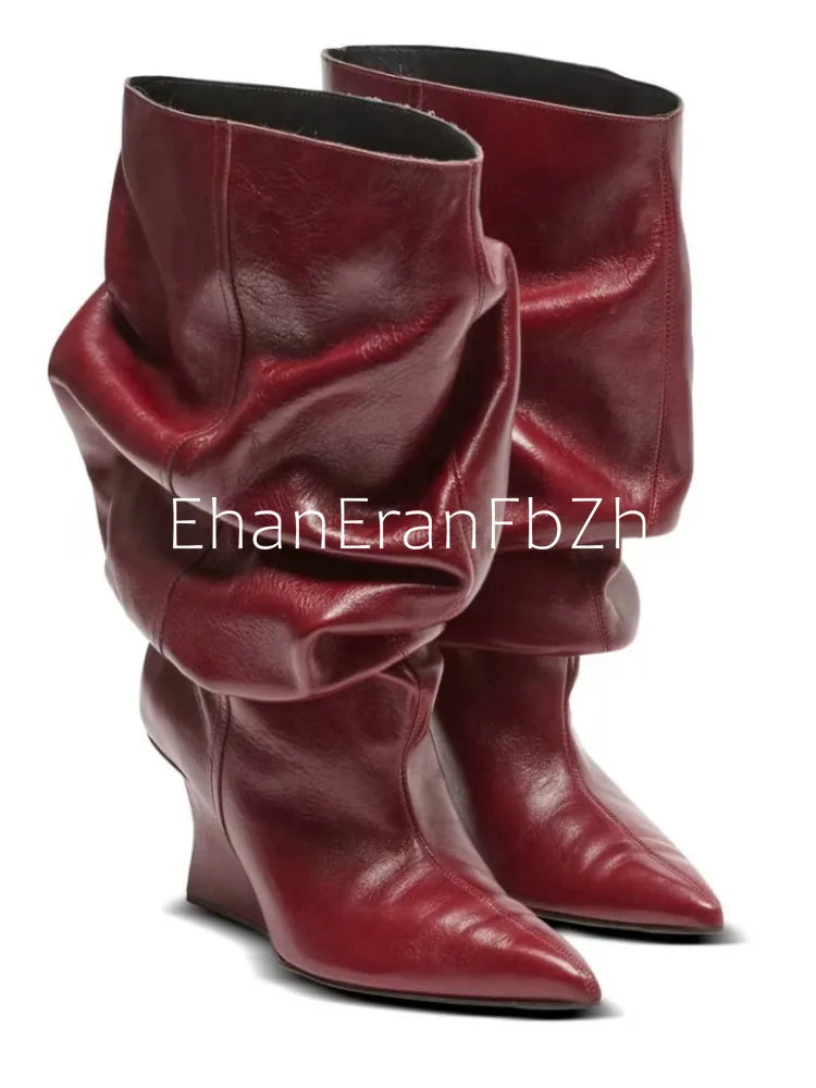 European and American Autumn and Winter Pleated Thick High Heels Knee High Women's Boots Pointed Fashion Party Women's Boots