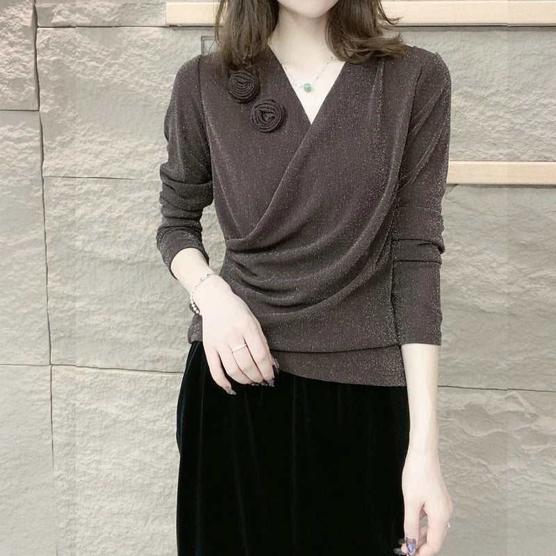 Women's Clothing Autumn Sexy V Neck 3D Flower Ruched Elegant Basic T-shirts Fashion Bright Silk Long Sleeve Slim Pullover Tops