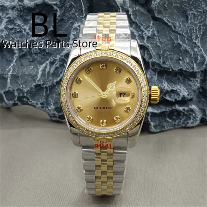 BLIGER 31mm NH05 Automatic Watch For Women Pink Gold Gray Purple Sunburst White Mother Pearl Dial Diamond Index Steel Bracelet