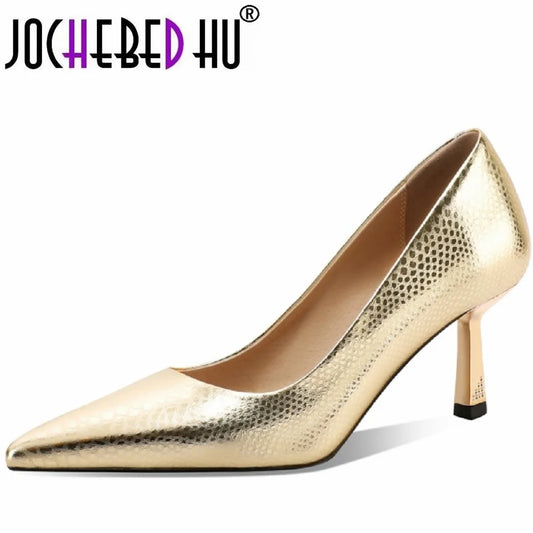 【JOCHEBED HU】Women Pumps Genuine Leather Pointy Toe 6.5CM Thin High Heels Dress Party Prom Basic Shoes Woman Large Size 33-43