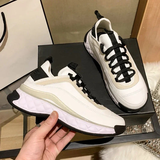 New 34-42 Black Round Head Sneakers Cover Heels Single Lace Shoes Spring Outer Thick Bottom