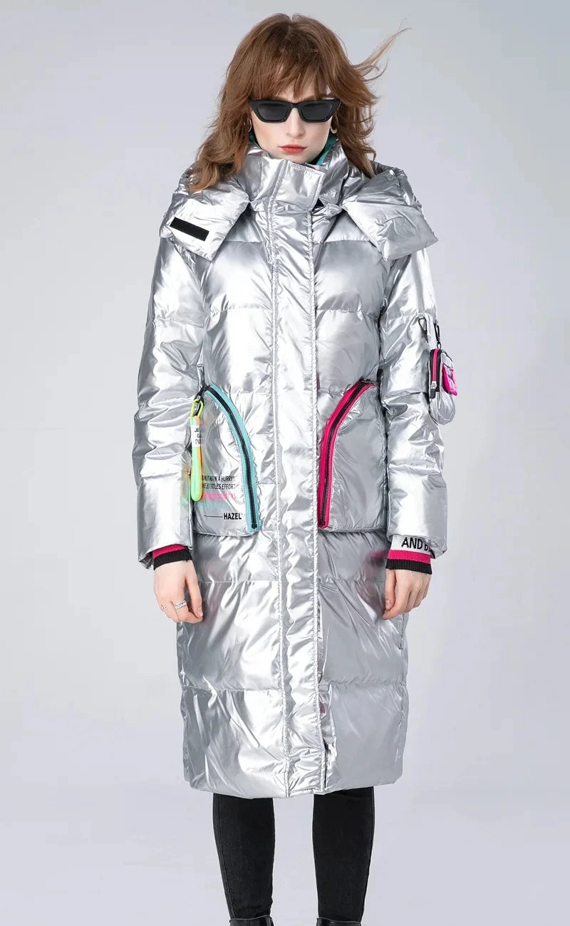 Winter Long Glossy Waterproof Hooded Down Jacket Female Warm Parka Down Outwears Women White Duck Down Knee Length Down Jacket