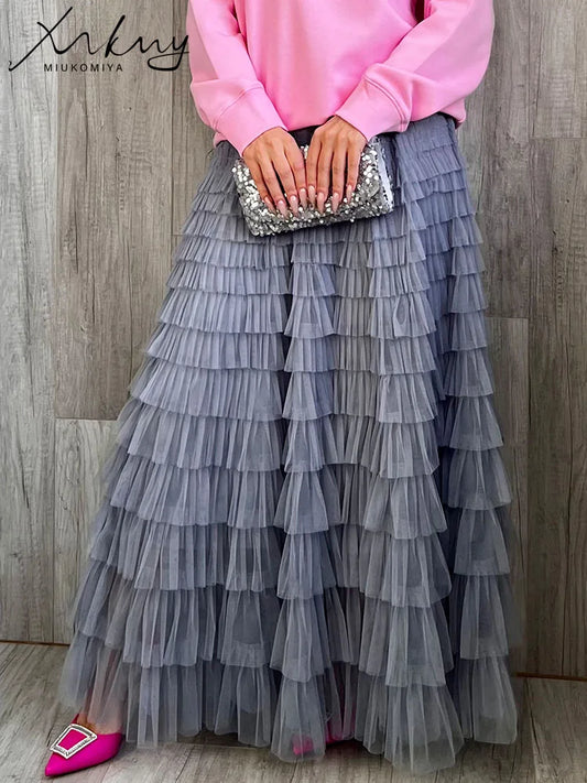 MiuKoMiYa Elegant Black Long Tulle Skirts Women Puffy Pink Maxi Mesh Skirt Long High Waist Pink Tulle Skirt Vintage For Women