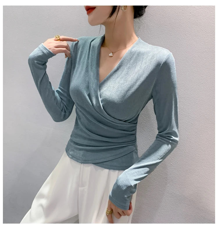 Autumn Spring Crossed V Neck Folds T Shirts Lady Long Sleeve High Stretch Tops Elegant Soft Tee Shirt  For Woman HF8705