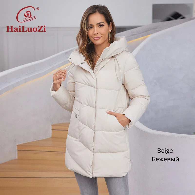 HaiLuoZi 2023 New Women Winter Jackets Warm Hooded Thick Bio-Cotton Female Parkas Solid Color Big Pockets Women‘s Coats 1139