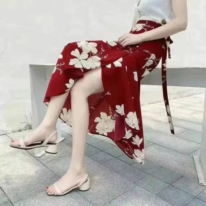 Summer Beach Floral Skirt for Women Cotton High Waist Wrap Maxi Skirt Long with Side Slit & Tie Detail Boho Style Design