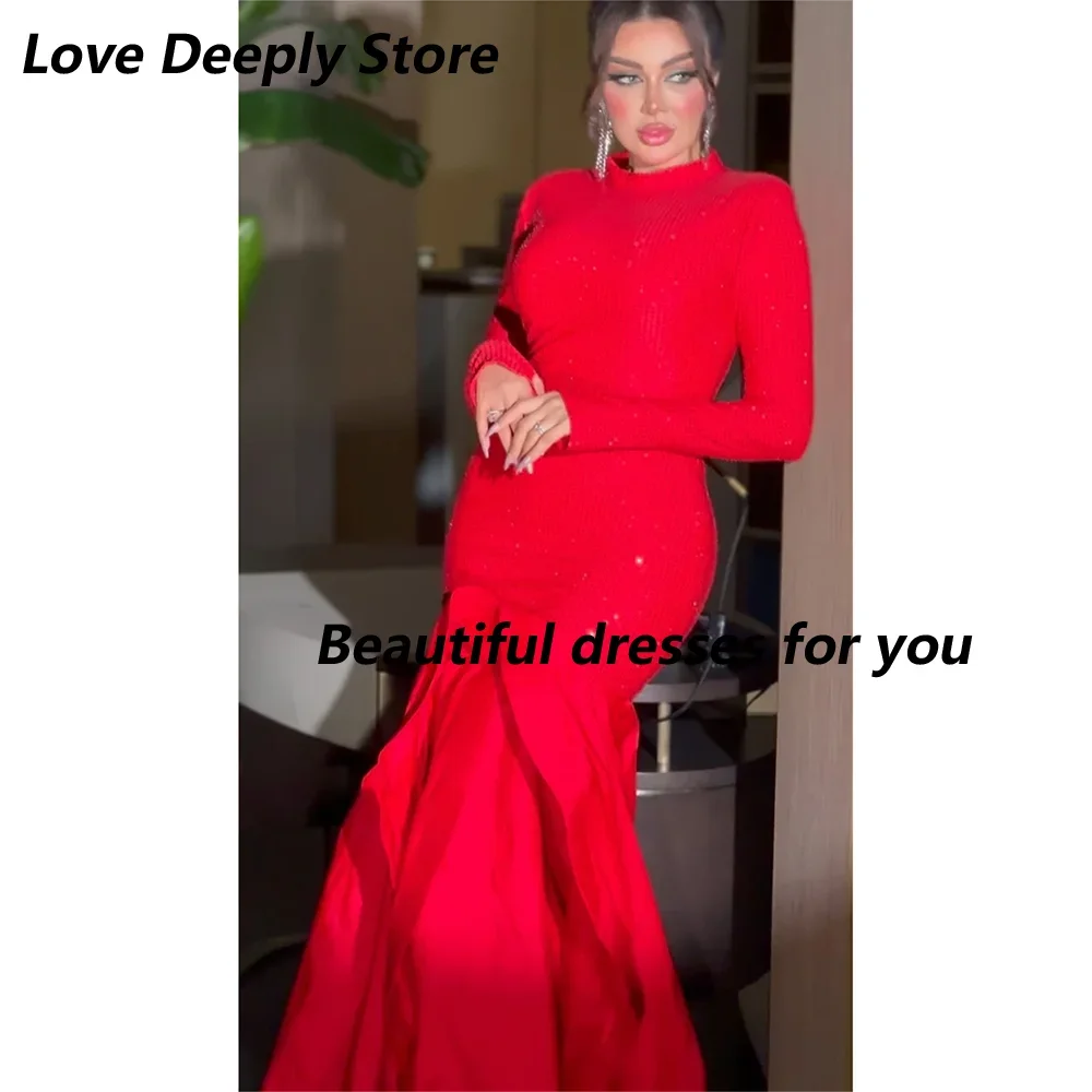 Customized Elegant Saudi Arabia Evening Dresses Long Sleeves High Neck Party Dress Jersey Draped Long Mermaid Prom Dress
