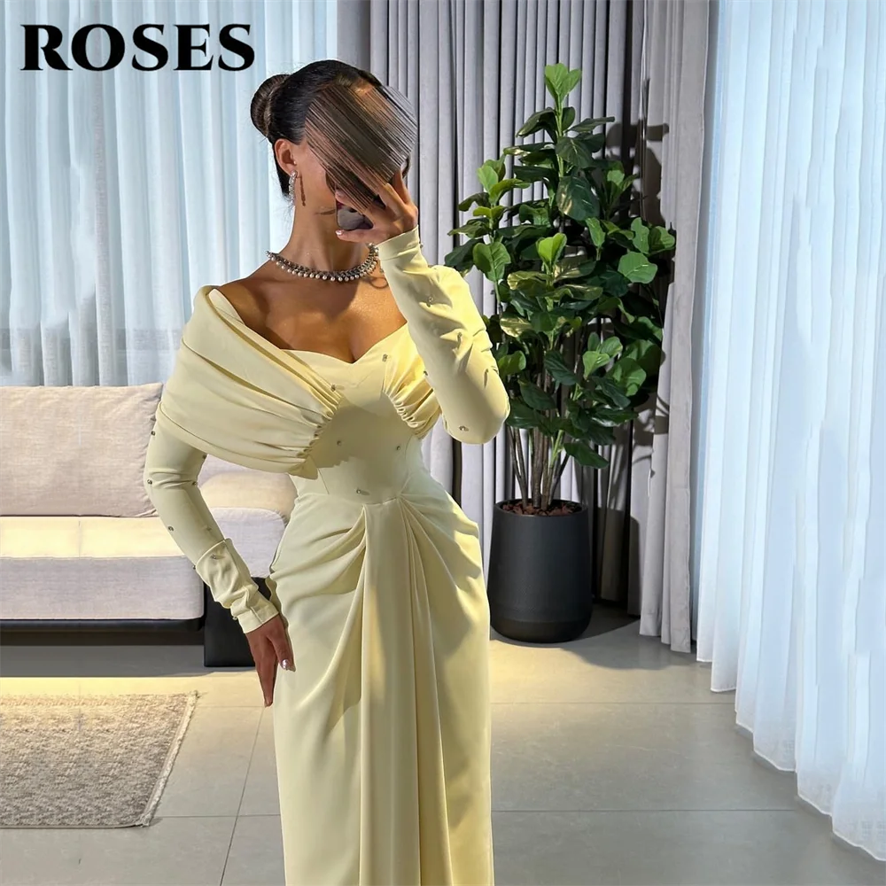 ROSES Light Yellow Evening Dresses Off the Shoulder Long Sleeves Party Dress with Ruched and Rhinestones Prom Gown Customized